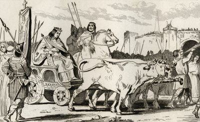 Clovis III (682-95) in een wagen getrokken door ossen, met Pepijn II van Herstal (ca.714) naast hem, uit 