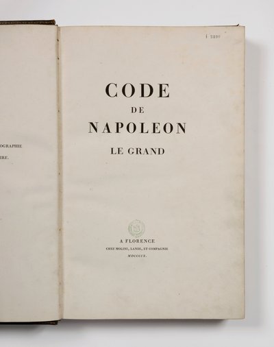 Code Napoleon de Grote, open op de titelpagina, gepubliceerd Florence, Molini, Landi et Cie, 1809 door French School