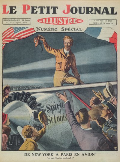 Kolonel Charles Lindbergh bij zijn aankomst op Le Bourget Airport na de eerste trans-Atlantische vlucht van New York naar Parijs op 21 mei 1927, omslag van Le Petit Journal, 5 juni 1927 door French School