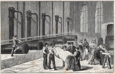Compressorapparaat met perslucht voor het boren van de Mont Cenis-tunnel zoals voorgesteld door Jean Daniel Colladon - Gravure in 