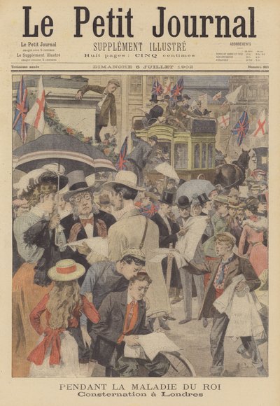 Bezorgdheid in Londen over de ziekte van koning Edward VII (kleurenlitho) door French School