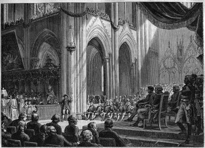 Concordaat van 1801 - Herinvoering van katholieke riten, Pasen, 8 april 1802 Notre-Dame van Parijs - Officiële restauratie van culten in aanwezigheid van Bonaparte: Te deum in Notre Dame door French School