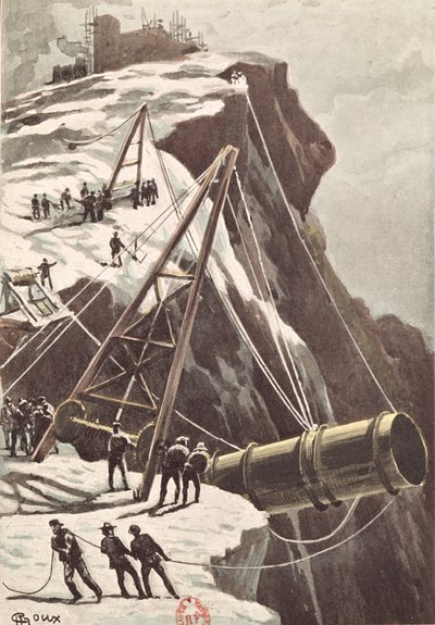 Constructie van een raketlanceerkanon, uit Van de aarde naar de maan door Jules Verne gepubliceerd in 1865 door French School