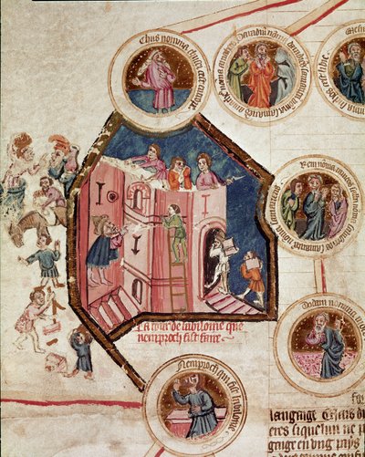 Bouwplaats van de Toren van Babel in Babylon door French School