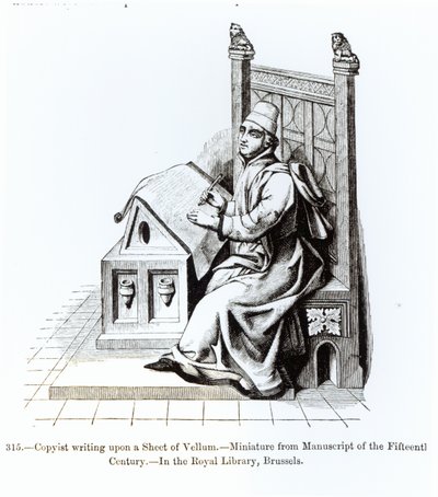 Kopieist die op een vel perkament schrijft, uit een manuscript, illustratie uit Wetenschap en Literatuur in de Middeleeuwen en de Renaissance, geschreven en gegraveerd door Paul Lacroix, 1878 door French School