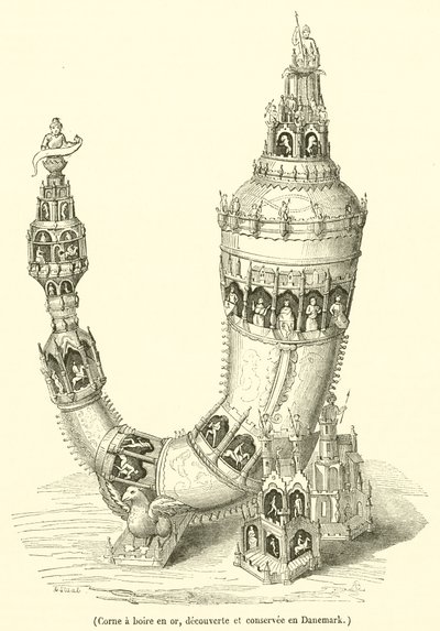 Gouden drinkhoorn, ontdekt en bewaard in Denemarken (gravure) door French School