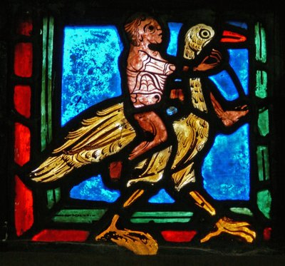 Hoekstuk (man en vogel) uit een raam van de gelijkenis van de Barmhartige Samaritaan door French School