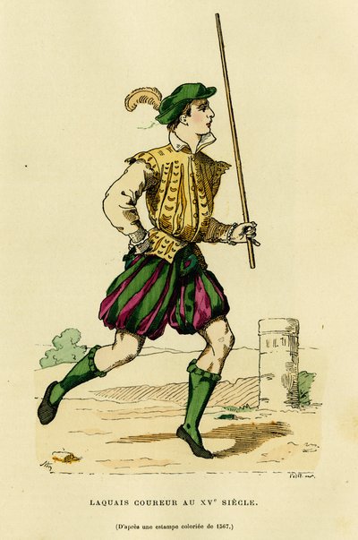 Kostuum van lakei loper in de 15e eeuw, belast met het vrijmaken van de weg en het aankondigen van de passage van een edelman of heer. Kleuren gravure, in 