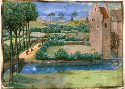 Vlaams landschap met een watermolen op de voorgrond en een windmolen op de achtergrond, uit de 