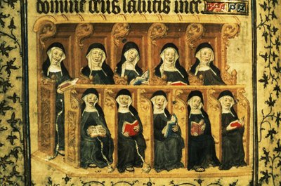 Cott Dom A XVII f.74v Nonnen in een koorbank, uit het Psalter van Hendrik VI, Parijs door French School