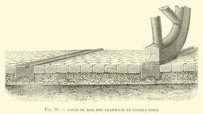 Spoorwegrails van de trams in gebruik in Parijs (gravure) door French School