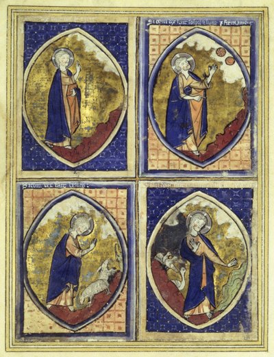 Schepping van het firmament, schepping van de zon en de maan, schepping van de dieren, schepping van de vogels, laat 13e eeuw door French School