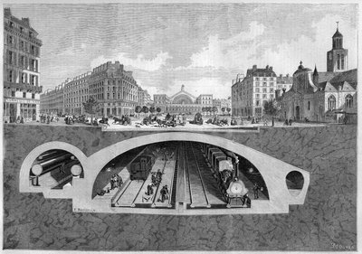 Dwarsdoorsnede van het ondergrondse spoorwegproject in Parijs, van de Vilette naar de centrale hallen, in 1861. Gravure in 