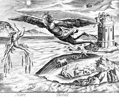 Daedalus ontsnapt uit Kreta met zijn zoon, Icarus, ziet hem vallen naar zijn dood, 1619 door French School