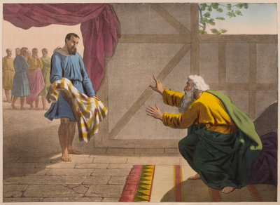 David toont Saul een stuk van zijn kleding, illustratie uit een catechismus 