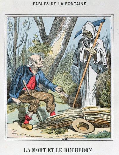 De dood en de houthakker (gekleurde gravure) door French School