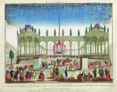 Decoratie en verlichting van de Bastille voor het Festival van de Federatie, 14 juli 1790 door French School
