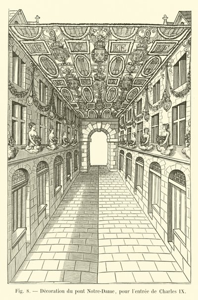 Versiering van de Pont Notre-Dame, voor de intocht van Karel IX door French School