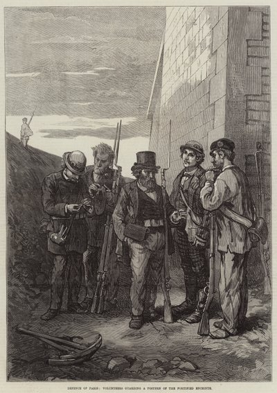 Verdediging van Parijs, vrijwilligers bewaken een poort van de versterkte omheining (gravure) door French School