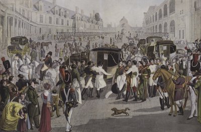 Vertrek van Napoleon uit Fontainebleau, 20 april 1814 door French School