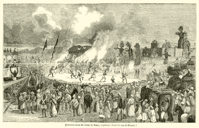 Laatste scène van het drama van Rama, afgebeeld voor de raja van Benares (gravure) door French School