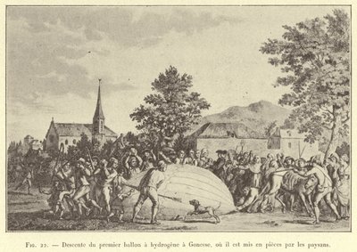 Landing van de eerste waterstofballon in Gonesse, waar hij door de boeren in stukken wordt gescheurd door French School
