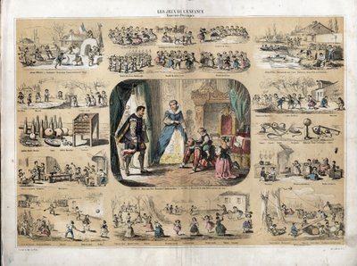 Beschrijving van kinderplezier en spel: in het midden koning Hendrik IV die met zijn kinderen speelt (waarschijnlijk Lodewijk XIII en Elisabeth van Frankrijk) voor de Spaanse ambassadeur. Koningin Maria de