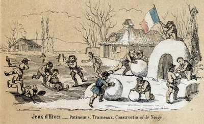 Beschrijving van kinderplezier en spel: winterspelen, schaatsen, sleeën en sneeuwconstructies. Plaat 