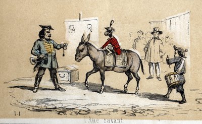 Beschrijving van de verschillende producten en toepassingen van de ezel: de geleerde ezel wordt gebruikt door circusartiesten. Plaat 