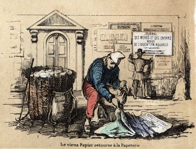 Beschrijving van de verschillende producten en toepassingen van papier: oud papier wordt opgehaald om weer lompen te worden. Plaat 