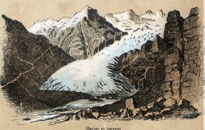 Beschrijving van de verschillende soorten landschappen en reliëfs afhankelijk van de geografie: detail van een gletsjer (of ijszee) in een bergketen. Plaat "Fysische Geografie" in "les Recreations instructives" Synoptisch schilderij door Jules Delbruck. door French School