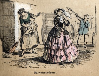 Beschrijving van de vijf zintuigen: geur, een burgerlijke vrouw die haar neusgaten dichtknijpt om de slechte geuren van mest en mest niet te ruiken. Plaat "Les cinq sens" in "les Recreations instructives" Synoptisch schilderij door Jules Delbruck, gravure  door French School