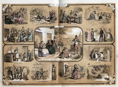 Beschrijving van de vijf zintuigen: zicht, van links naar rechts en van boven naar beneden, gehoor, aanraking, geur en smaak. Plaat 