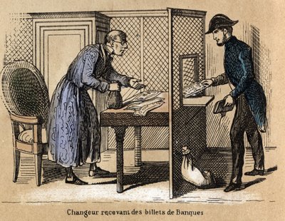 Beschrijving van de verschillende producten en toepassingen van papier: een transactie bij de bank, een bankier ontvangt papieren bankbiljetten. Plaat "Le papier et ses produits" in "les Recreations instructives" Synoptisch schilderij door Jules Delbruck,  door French School