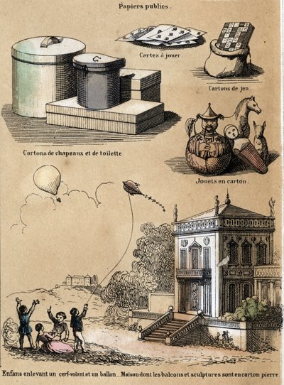 Beschrijving van de verschillende producten en toepassingen van papier: karton en hoedendozen, speelkaarten, spellen zoals vliegers of ballonnen. Plaat 