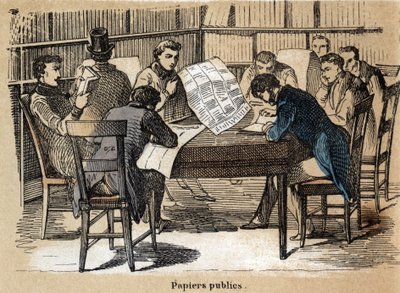 Beschrijving van de verschillende producten en toepassingen van papier: het lezen van openbare papieren (kranten). Plaat "Le papier et ses producten" in "les Recreations instructives" Synoptisch schilderij door Jules Delbruck, gravure uit 1860. Privécollec door French School