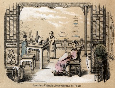 Beschrijving van de verschillende stadia van productie en toepassingen van klei: een Chinees interieur met Pekin porselein. Plaat 