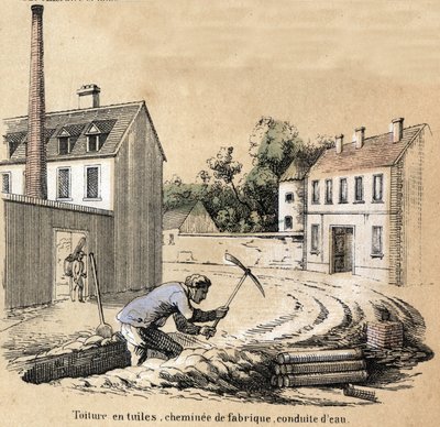 Beschrijving van de verschillende stadia van fabricage en toepassingen van klei: bouwplaats in het gebouw, dakpannen, waterleidingen en fabrieksschoorsteen. Plaat 