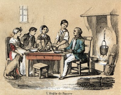 Beschrijving van de verschillende stadia van fabricage en toepassingen van klei: het gebruik van klei in arme huishoudens, een familie aan tafel etend van kleiplaten van middelmatige kwaliteit. Plaat 