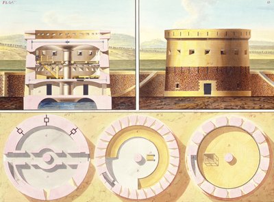 Ontwerp voor een vesting aan de rand van Parijs - een perspectiefweergave, doorsnede en drie plattegronden van de centrale toren, ca. 1813 door French School