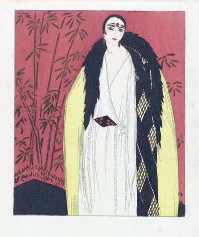 Ontwerp voor een avondjapon met bont afgezette kap, pub. 1924 (pochoirdruk) door French School