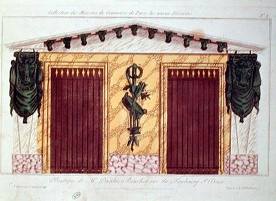 Ontwerp voor de gevel van een slagerij, uit een serie die de best versierde commerciële gebouwen in Parijs afbeeldt, ca. 1810 door French School