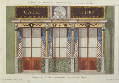 Ontwerp voor de gevel van het Cafe Turc, uit een serie die de best versierde commerciële gebouwen in Parijs afbeeldt, c.1810 door French School