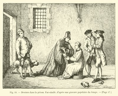 Desrues in de gevangenis, facsimile, naar een populaire gravure uit die tijd door French School