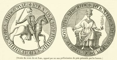 Tekening van het zegel van Koning Jan, door hem aangebracht op de preliminaries van vrede gepresenteerd door de baronnen (gravure) door French School
