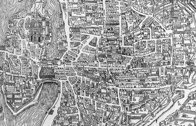 Detail van een kaart van Parijs tijdens het bewind van Hendrik II met de quartier des Ecoles, 1552 door French School