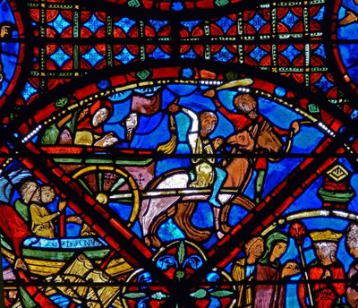 Detail (paard en kar) uit een raam van scènes uit het leven van St. Stephen door French School