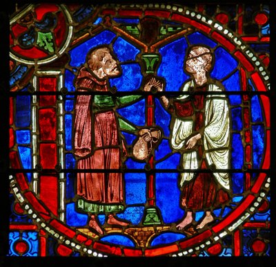 Detail (een raam) met scènes uit het wonder van Theophilus door French School