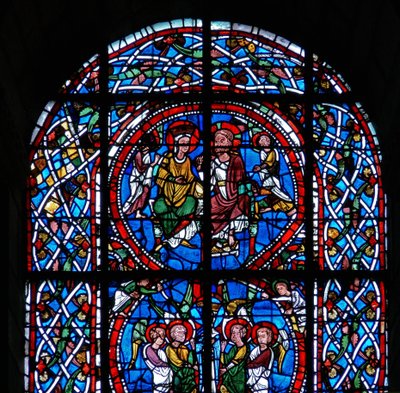 Detail (kroning) uit een raam van de Dood en Tenhemelopneming van de Maagd Maria door French School