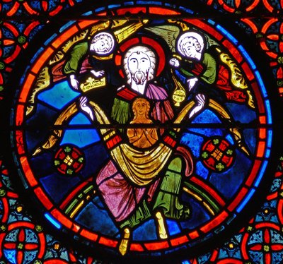 Detail (Lazarus in de schoot van Abraham) uit een raam van de gelijkenis van Lazarus en de Rijke Man door French School
